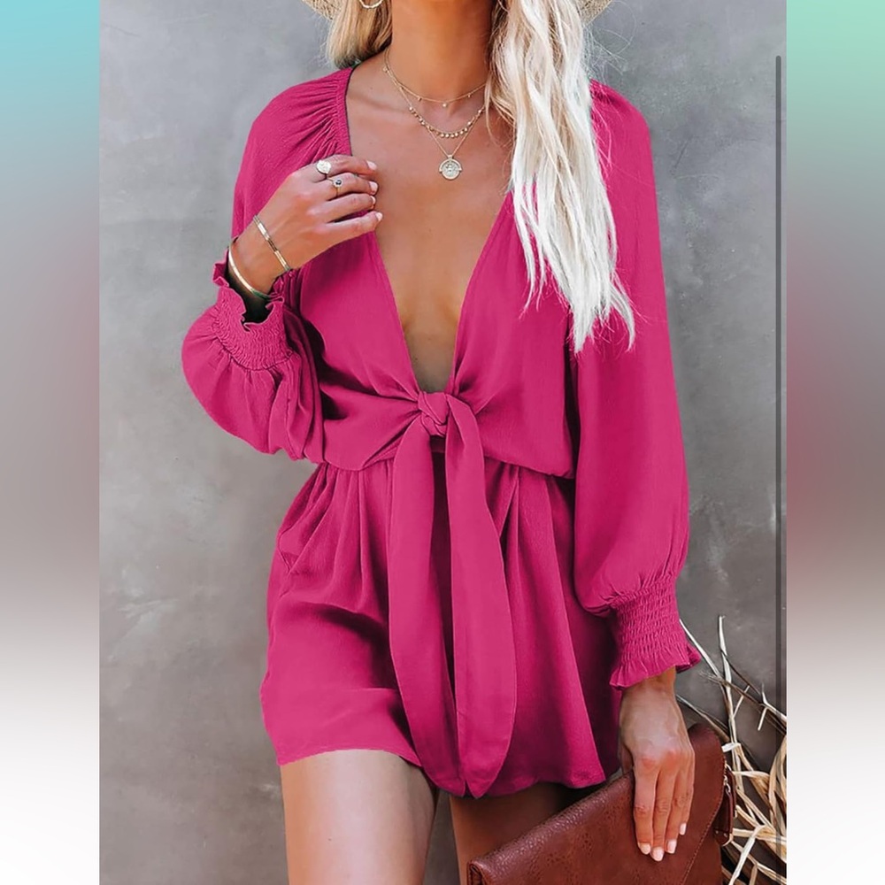 AlvaQ Romper for Women Tie Knot Front V Neck Short Jumpsuits Pink Size Large